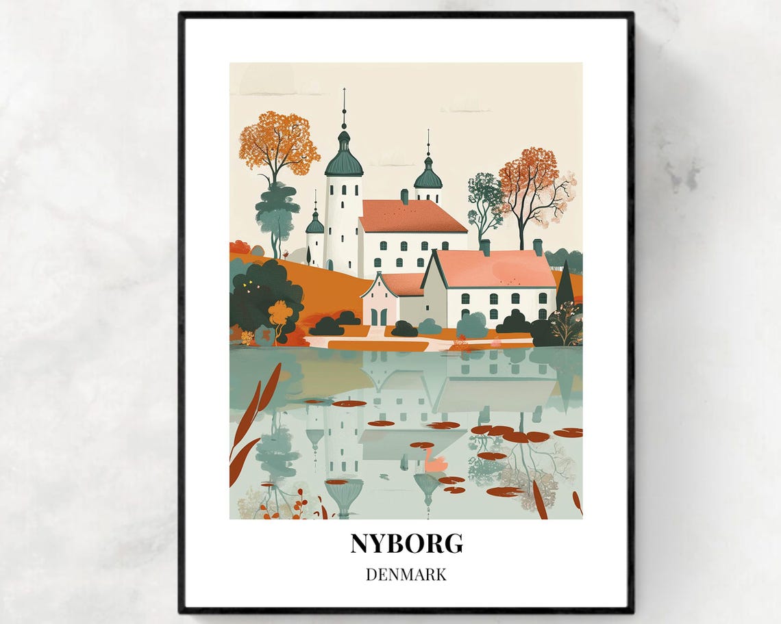 Nyborg Castle Denmark Lakeside Autumn Trees Mirror Reflection Poster