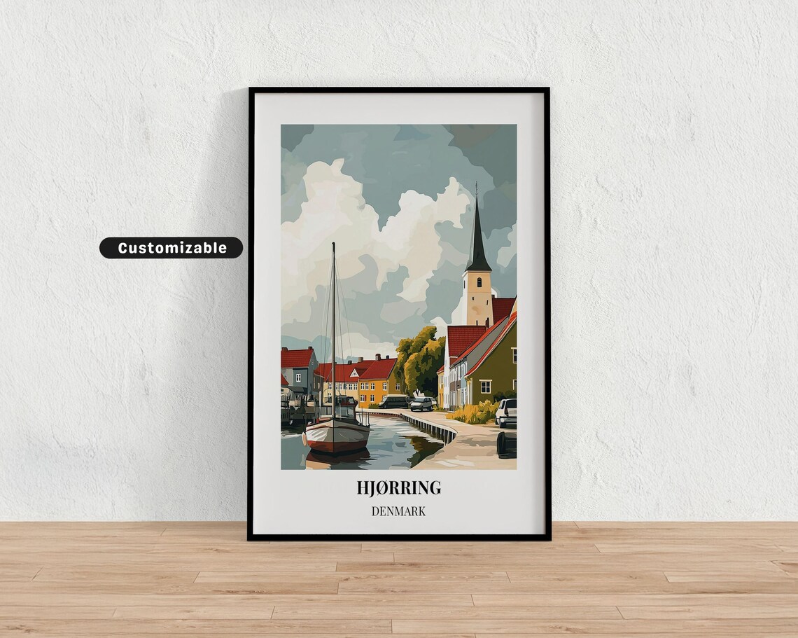 Hjorring Denmark Harbor Sailboat Church Spire Retro Travel Poster