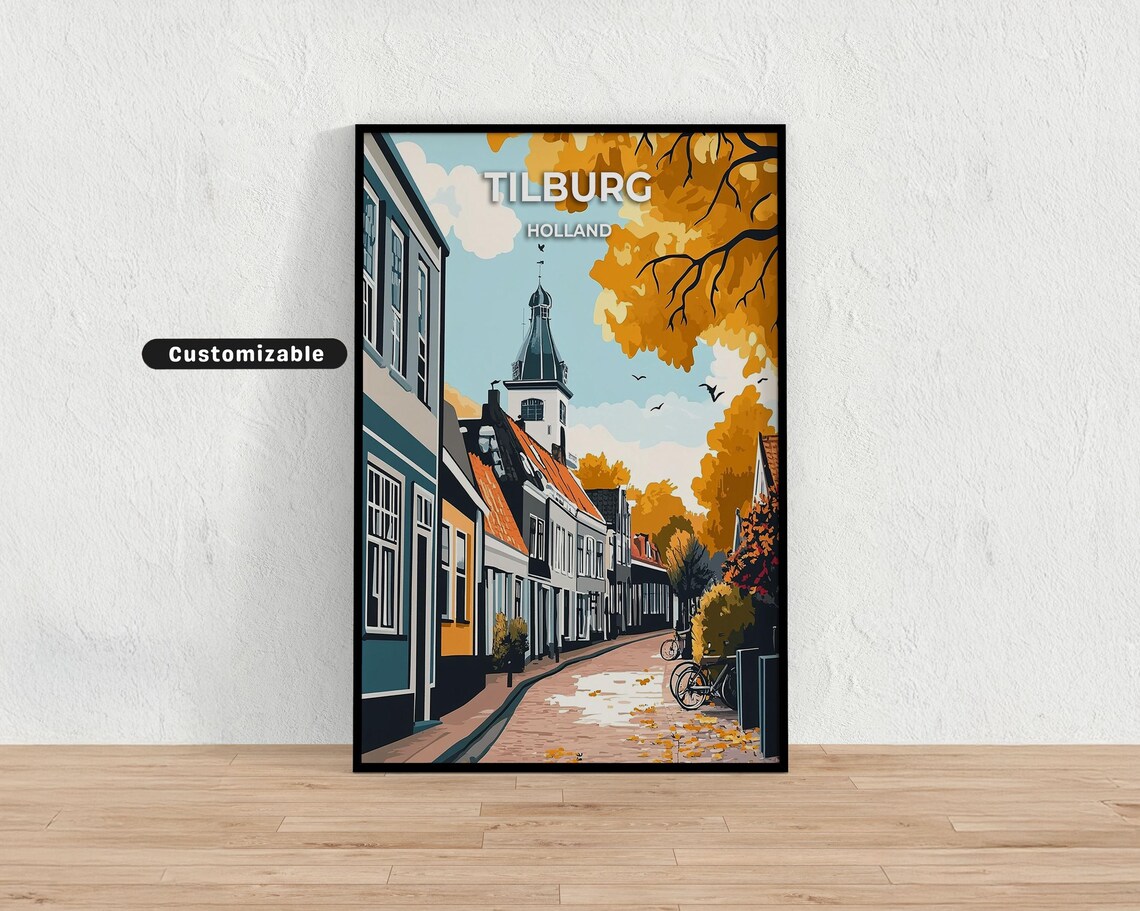 Tilburg Holland Autumn Street Scene with Historic Church Travel Poster