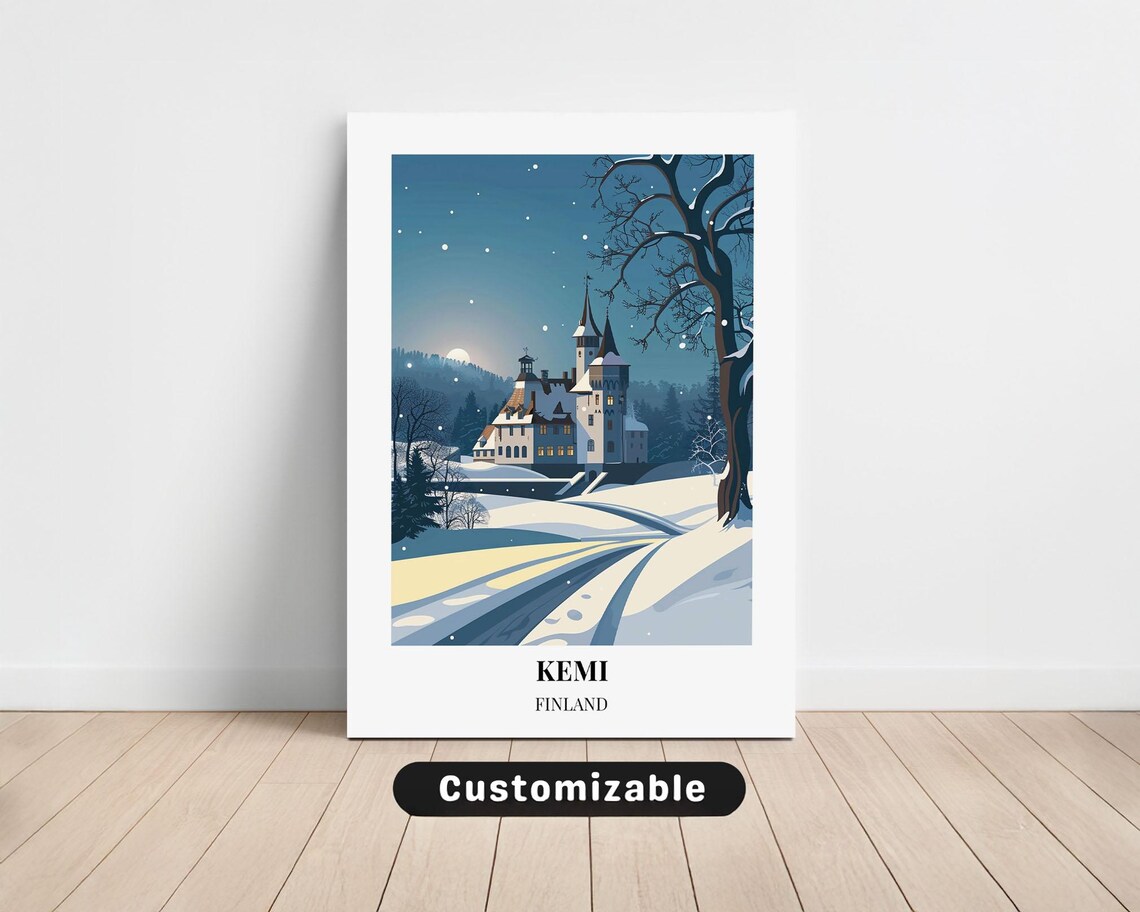Kemi Finland Snowy Church Moonlit Winter Night Travel Poster