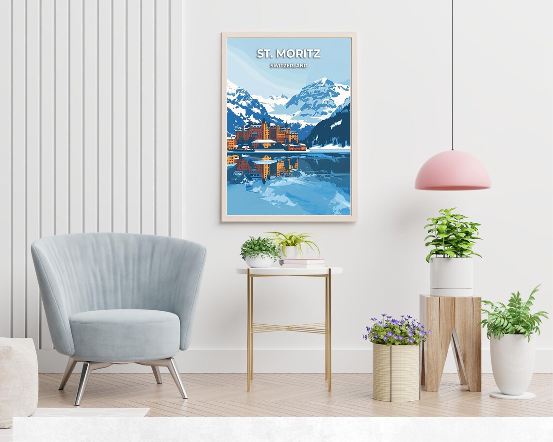 St Moritz Switzerland Winter Lake Vintage Ski Travel Art Poster - Image 2