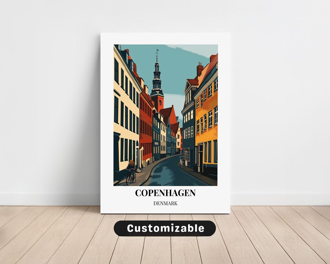 Copenhagen Denmark Old Town Street Cyclist Spire Travel Poster