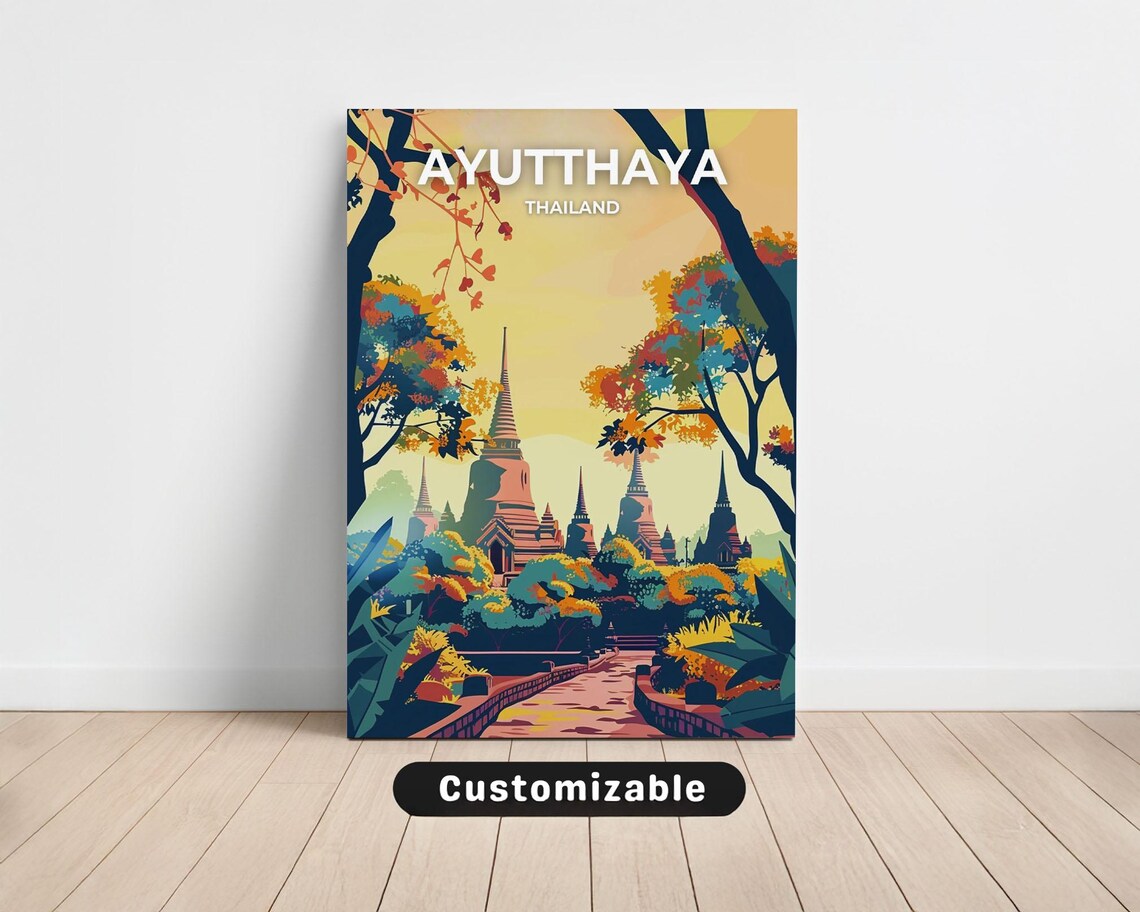 Ayutthaya Thailand Ancient Temple Spires Golden Hour Travel Poster