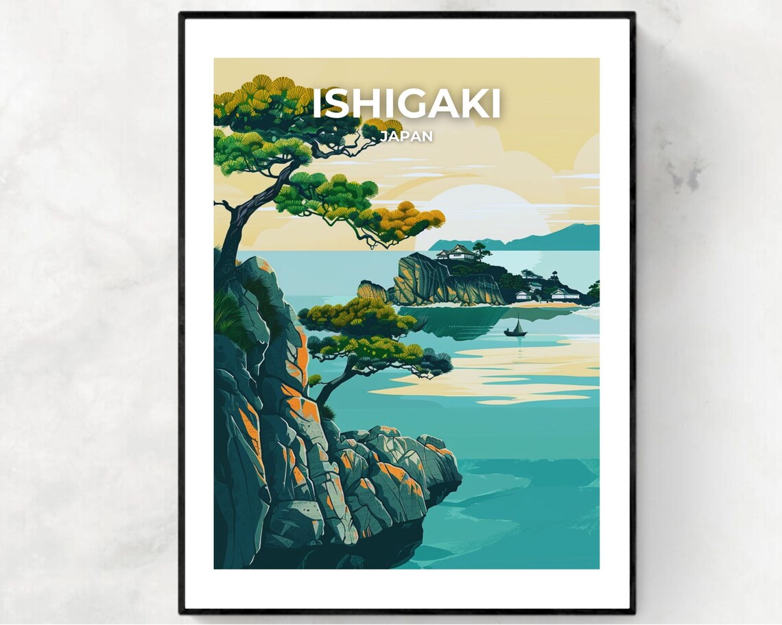 Ishigaki Japan Pine Cliffs Calm Bay Golden Sunrise Scenic Poster