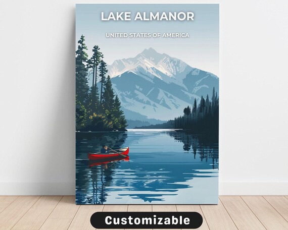 Vintage Alpine Lake Almanor Red Canoe Mountain Reflection Travel Poster
