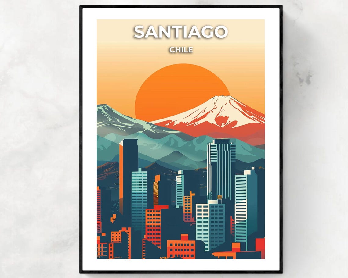Santiago Chile Sunset Skyline Poster with Snowcapped Andes Mountains