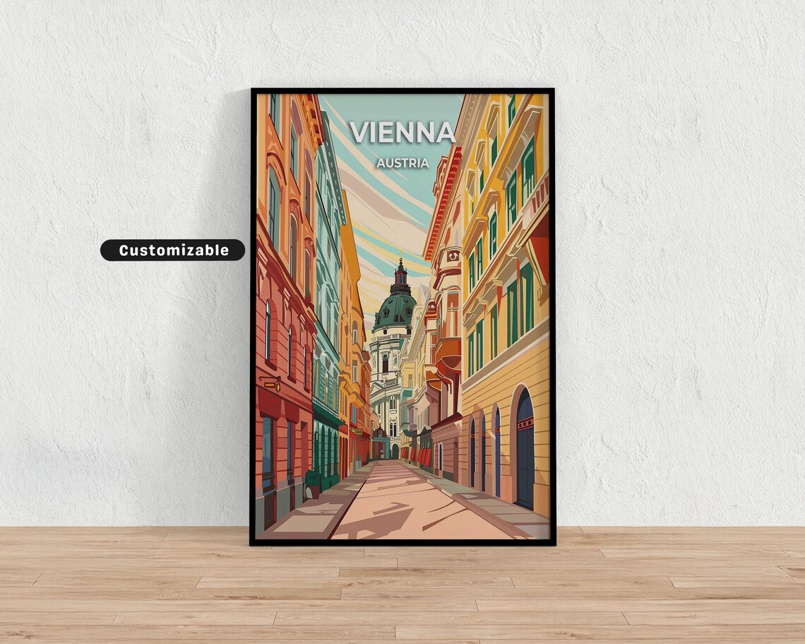 Custom Vienna Austria Colorful Old Town Street Retro Travel Poster