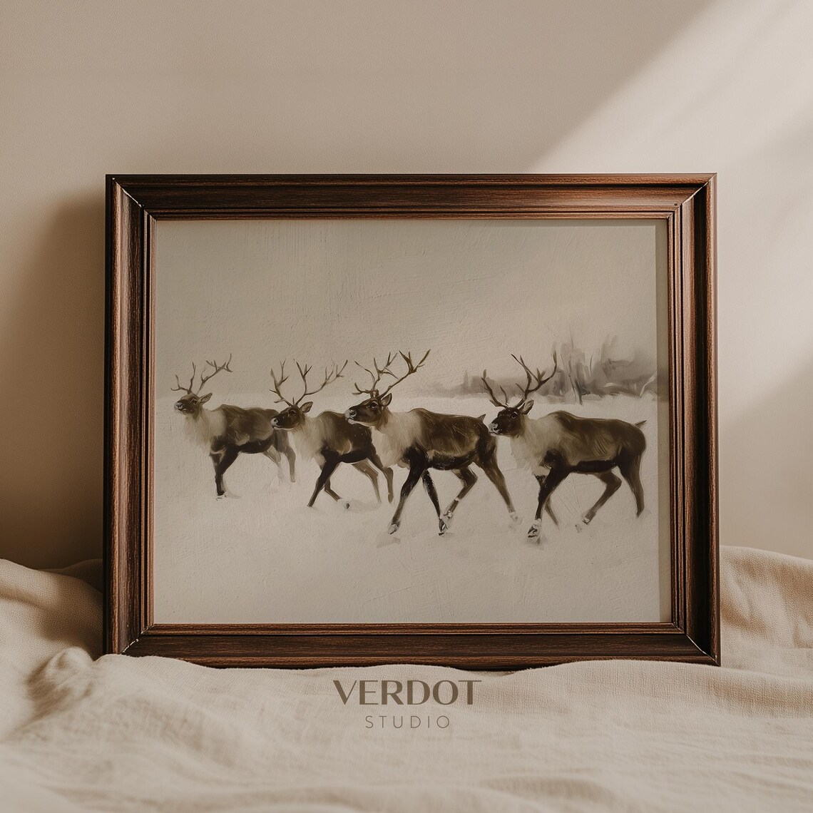 Santa's Reindeer Christmas Print, Neutral Holiday Art Print
