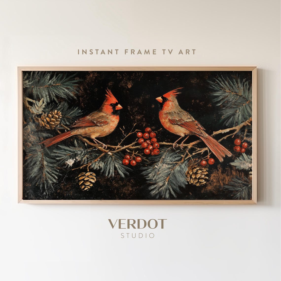 Cardinal Bird Christmas Frame Tv Art Vintage Christmas Holiday Painting Dark Antique Winter Screensaver Berry Evergreen Branch Tv24238