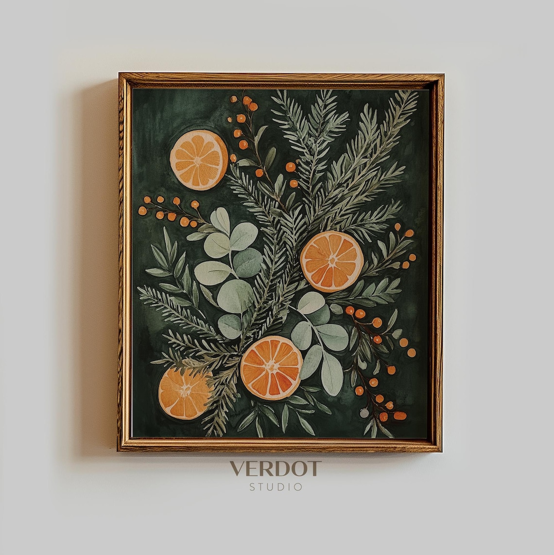 Christmas Citrus Botanical Orange Slices Pine On Dark Green Art Poster
