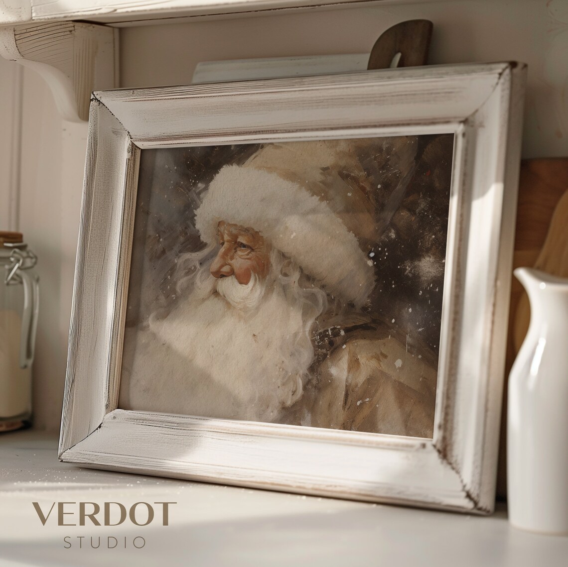 Vintage Santa Claus Painting, Neutral Rustic Holiday Print - Image 2