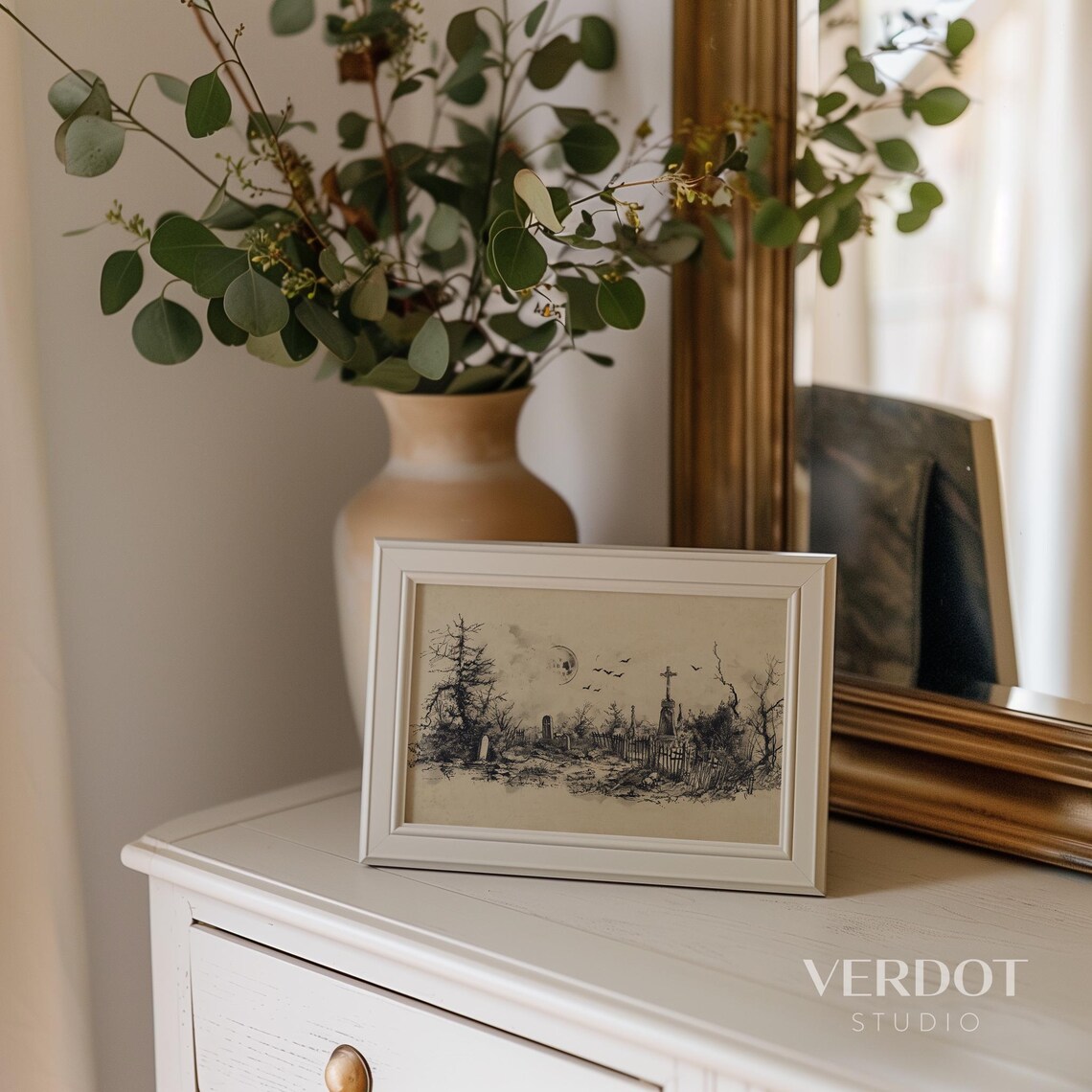 Graveyard Sketch Halloween Art Print, Rustic Fall - Image 2