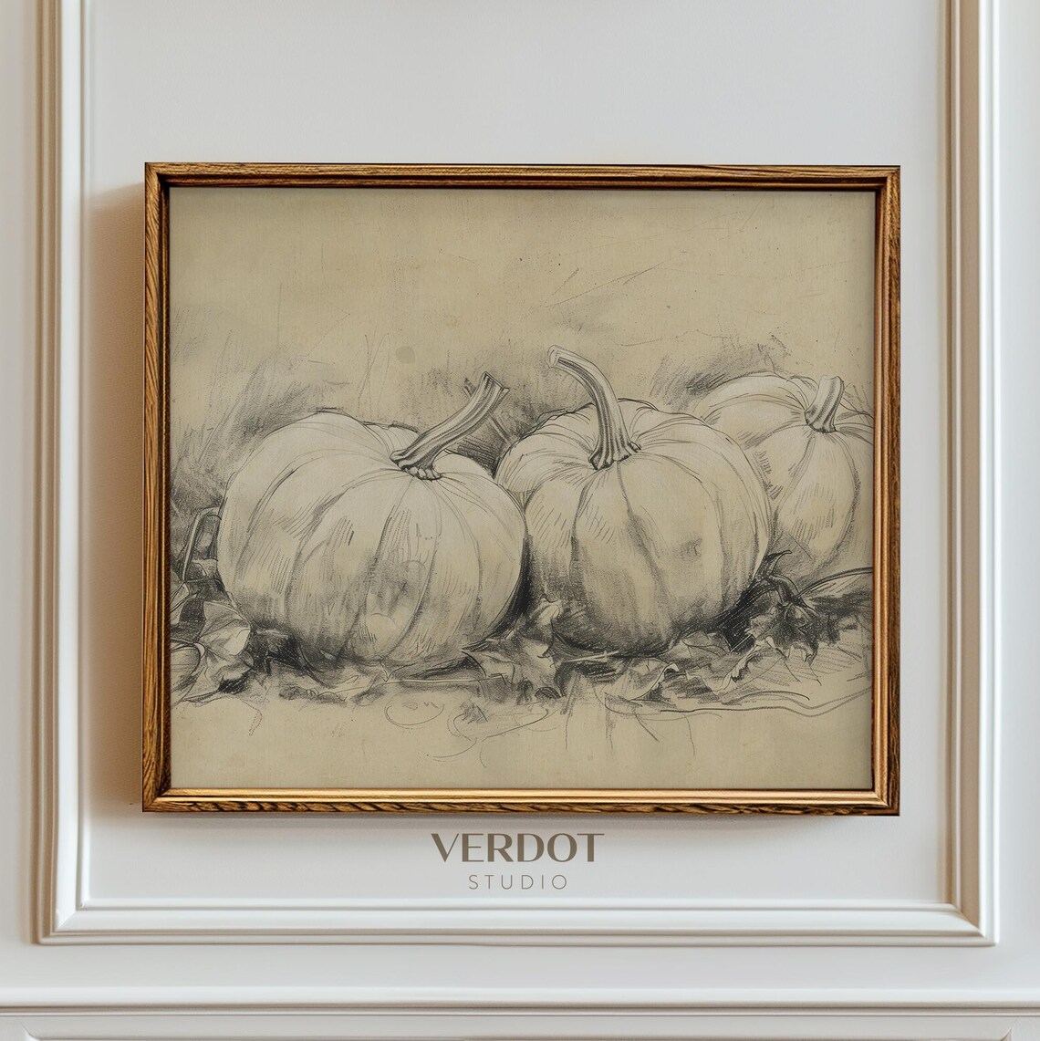 Neutral Pumpkin Sketch Fall Still Life Pencil Drawing Beige Art Print - Image 4