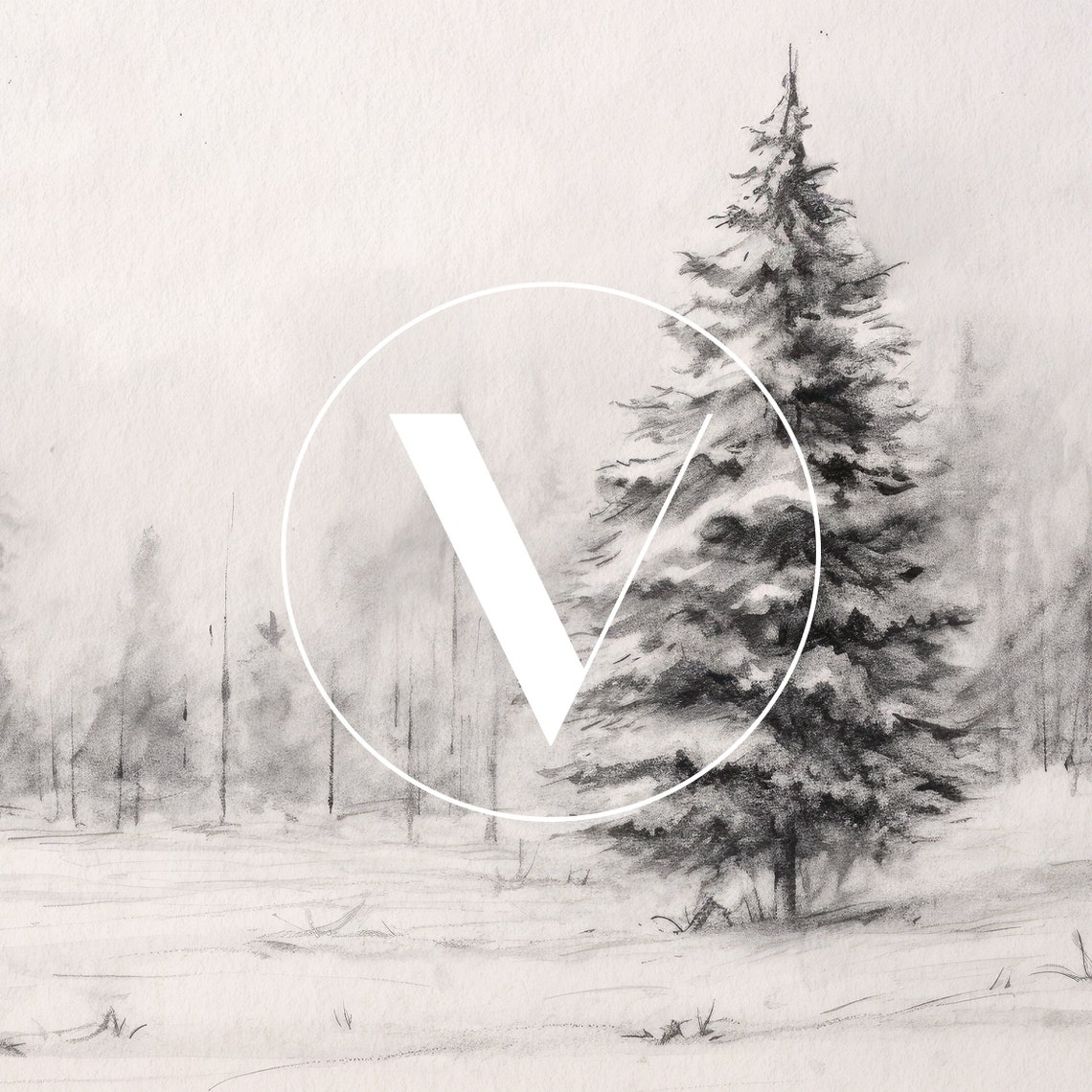 Neutral Winter Tree Sketch Snowy Pine Forest Pencil Drawing Art Print - Image 3