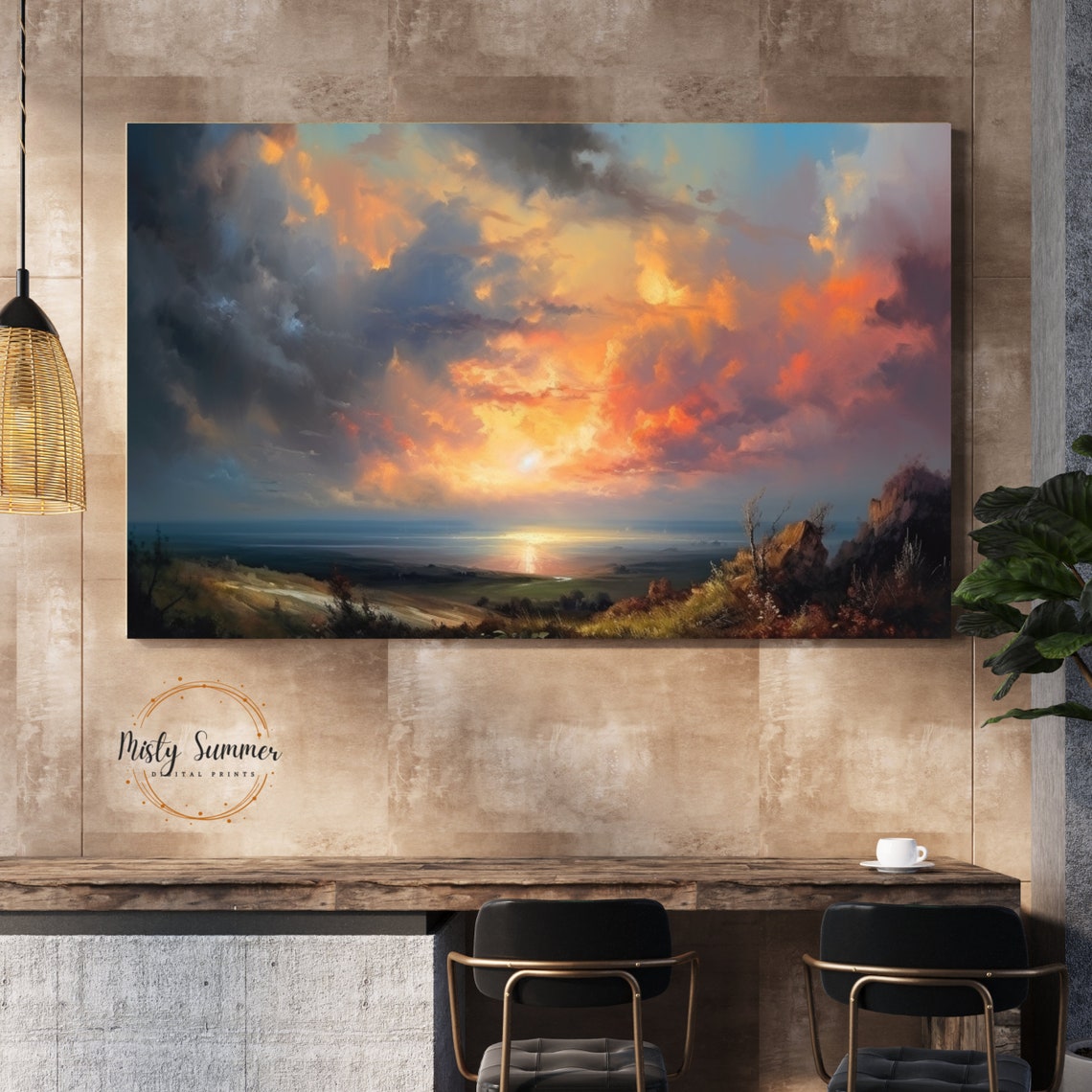 Dramatic Sunset Cloudscape Over Coastal Hills Impressionist Art Print - Image 3
