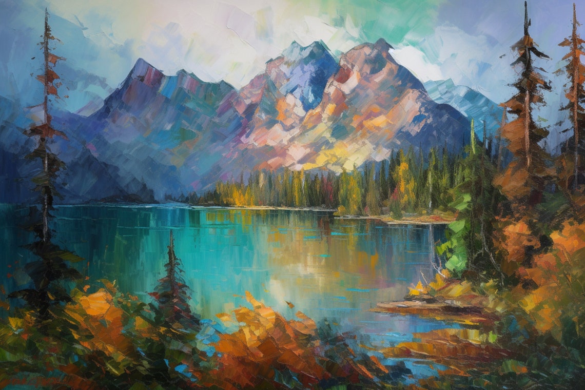 Enchanted Mountain Lake Landscape Pines Impressionist Nature Wall Art - Image 4