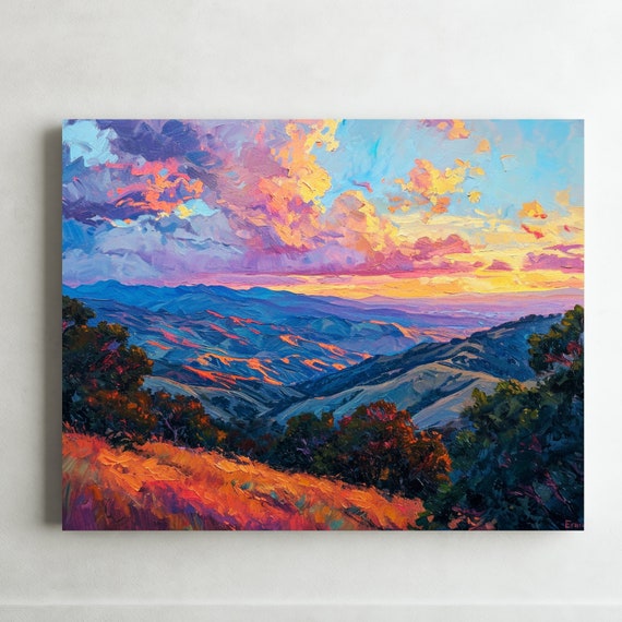 Sunset On A Hilly Landscape Impressionist Print On For Nature Wall Art Rustic Home Decor Cottage Living Room Large Wall Art