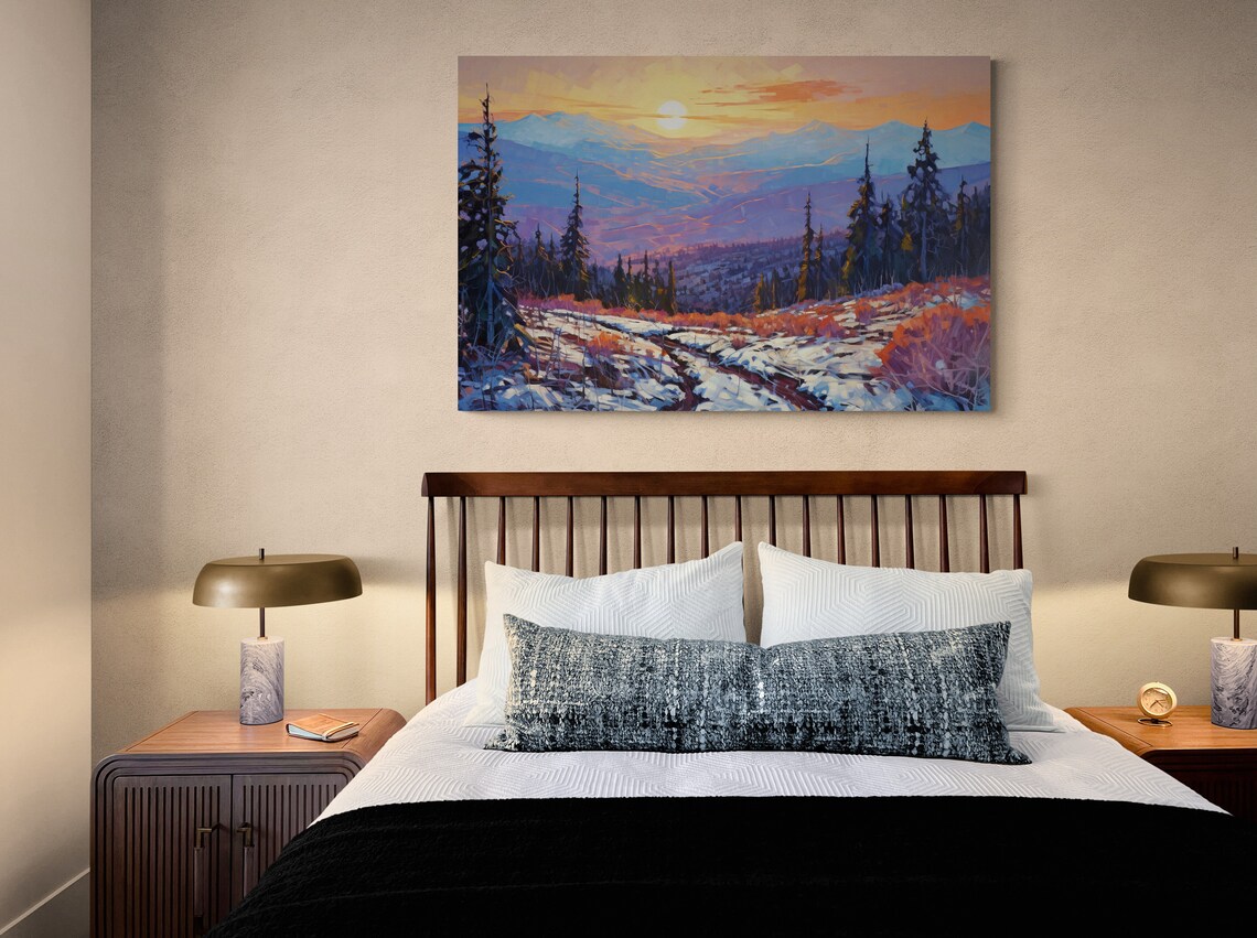 Snowy Mountain Valley Sunrise Pine Forest Winter Landscape Art Print - Image 2