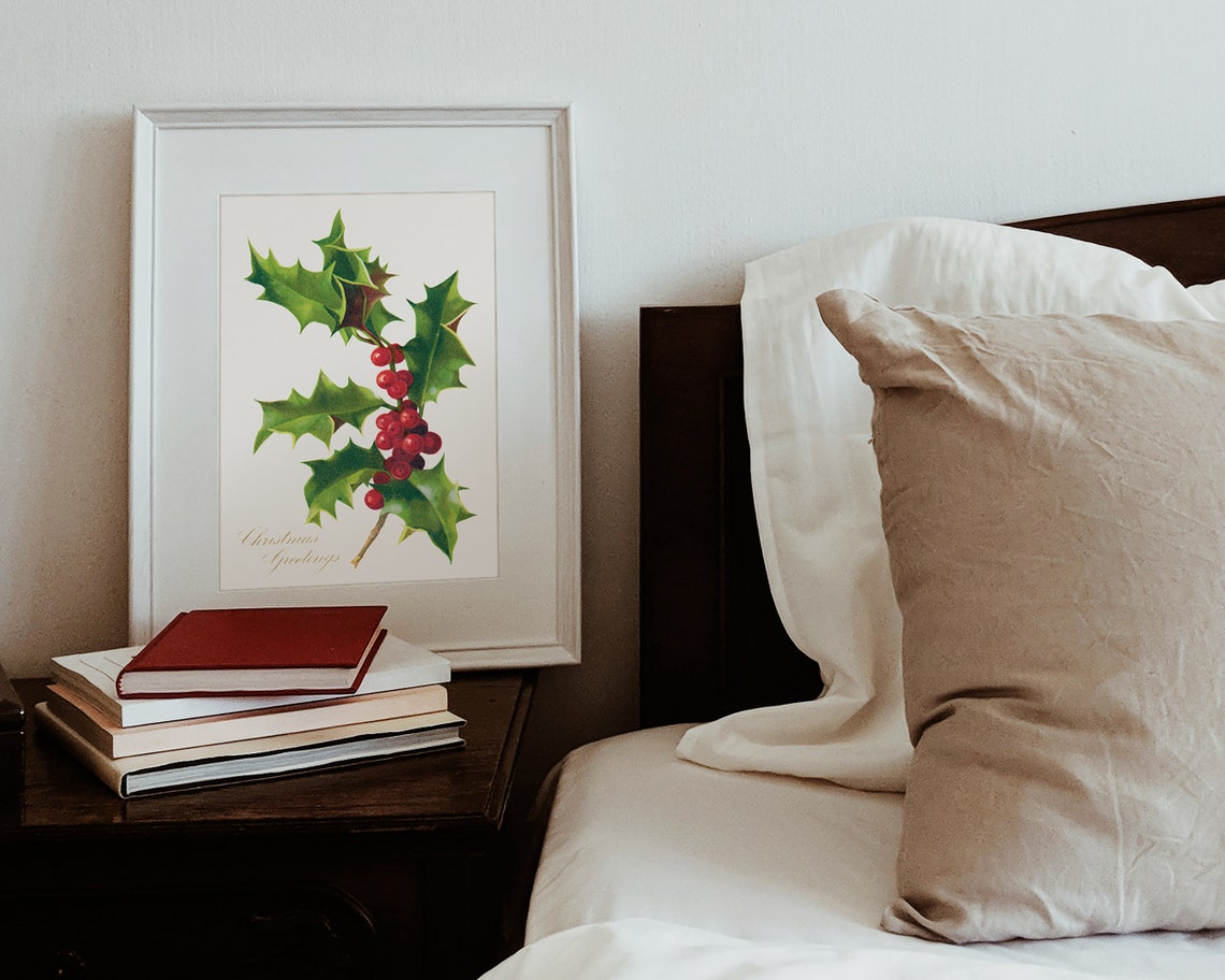 Vintage Red Holly Branch Christmas Greetings Botanical Wall Art - Image 2