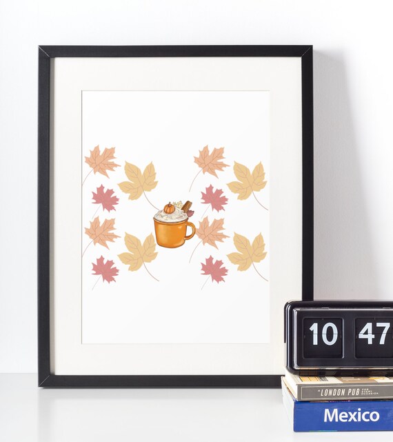 Cozy Fall Mug Surrounded by Autumn Leaves Minimalist Art Poster