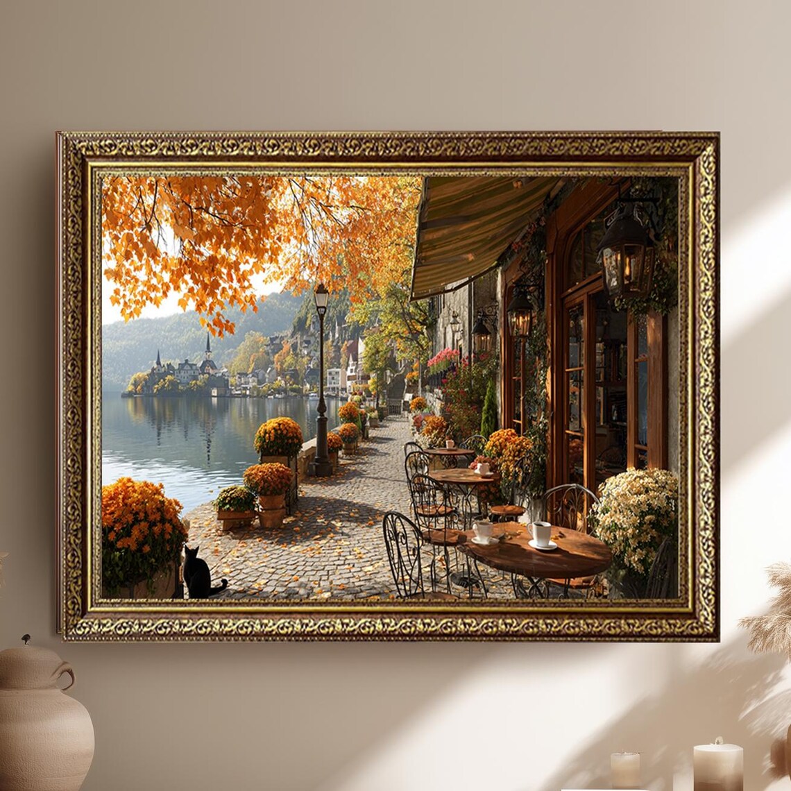 Romantic Autumn Cafe By The Lake European Village Street Poster