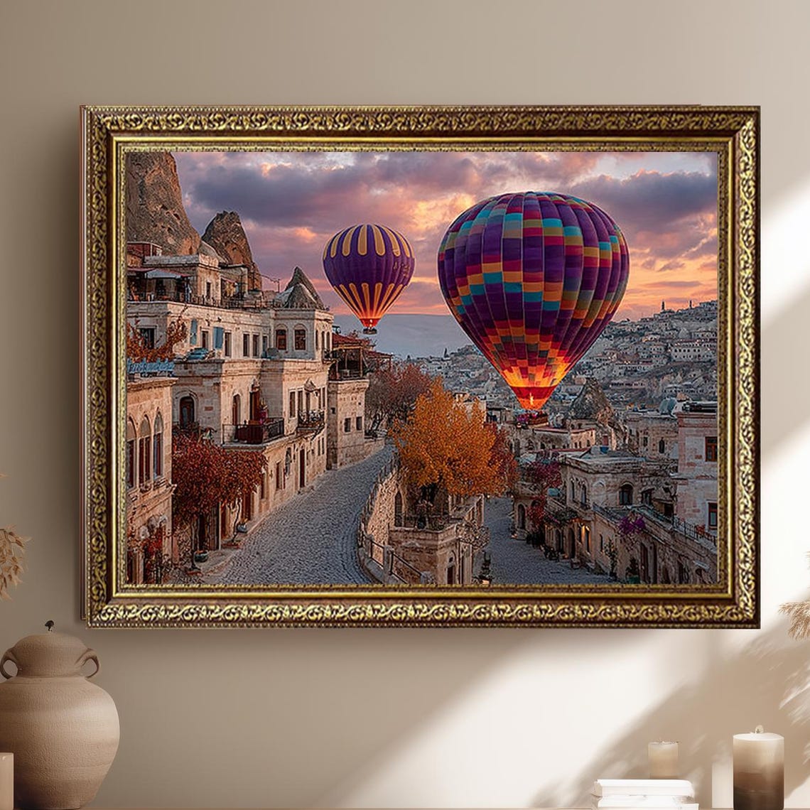 Cappadocia Hot Air Balloons Over Stone Town Sunset Glow Poster