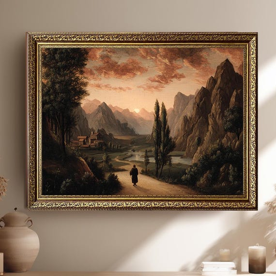 Vintage Mountain Valley Landscape Wall Art Print Sunset Monastery Painting Rustic Nature Scene Poster