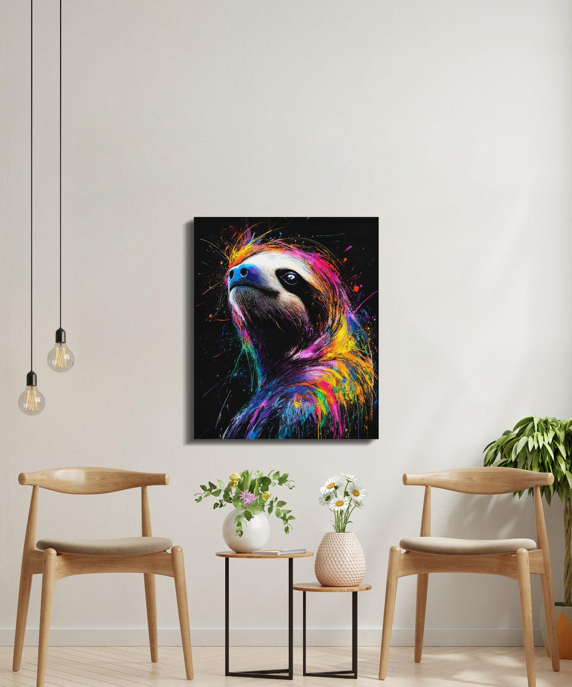 Dreamy Sloth Looking Up Rainbow Paint Splash Black Canvas Poster - Image 4