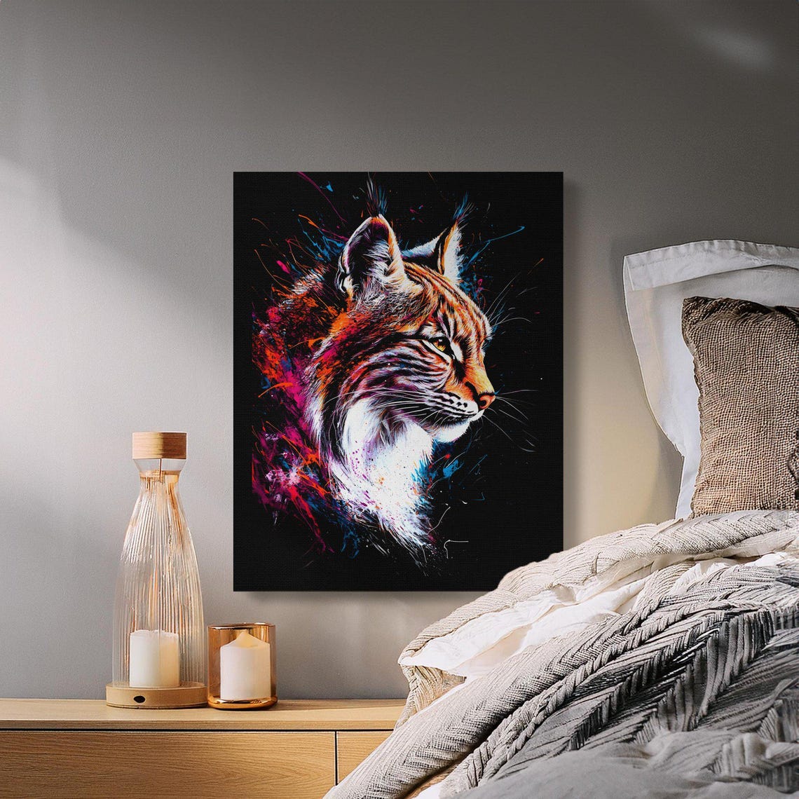 Wild Lynx Profile Magenta Splash Art Black Canvas Big Cat Wall Art - Image 2