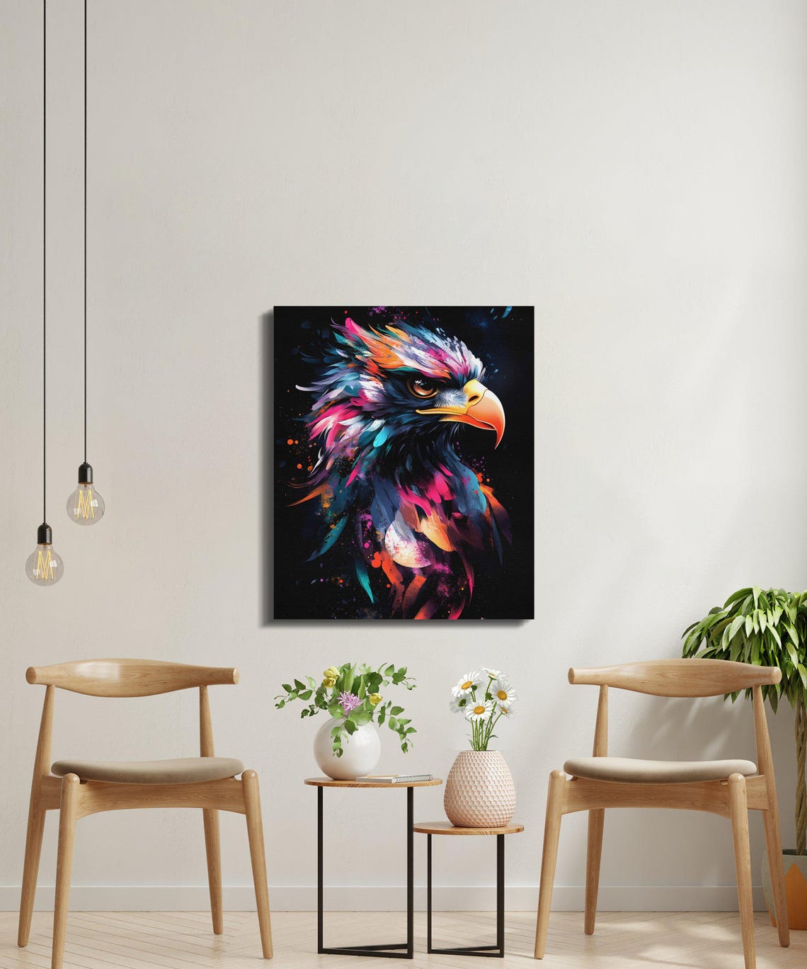 Majestic Eagle Portrait Pink and Teal Splash Black Canvas Poster - Image 4