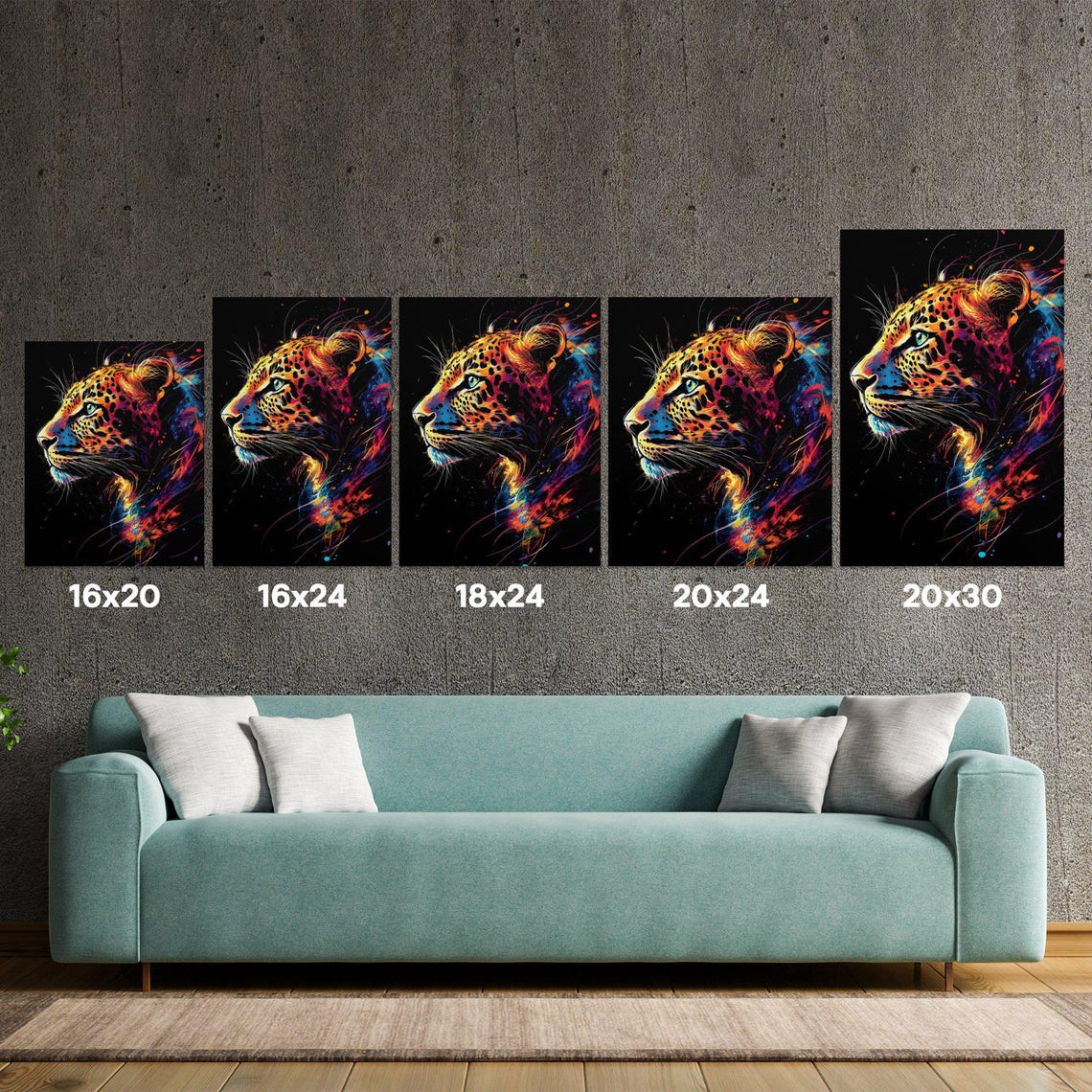 Teal Eyed Leopard Profile Splash Art Black Canvas Wildlife Poster - Image 5