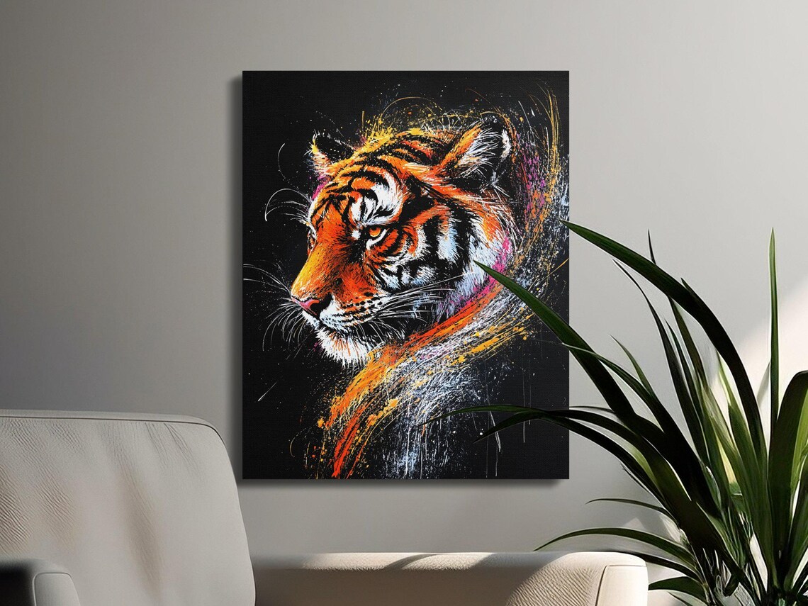 Majestic Tiger Splash Art Profile Black Canvas Wildlife Poster - Image 3