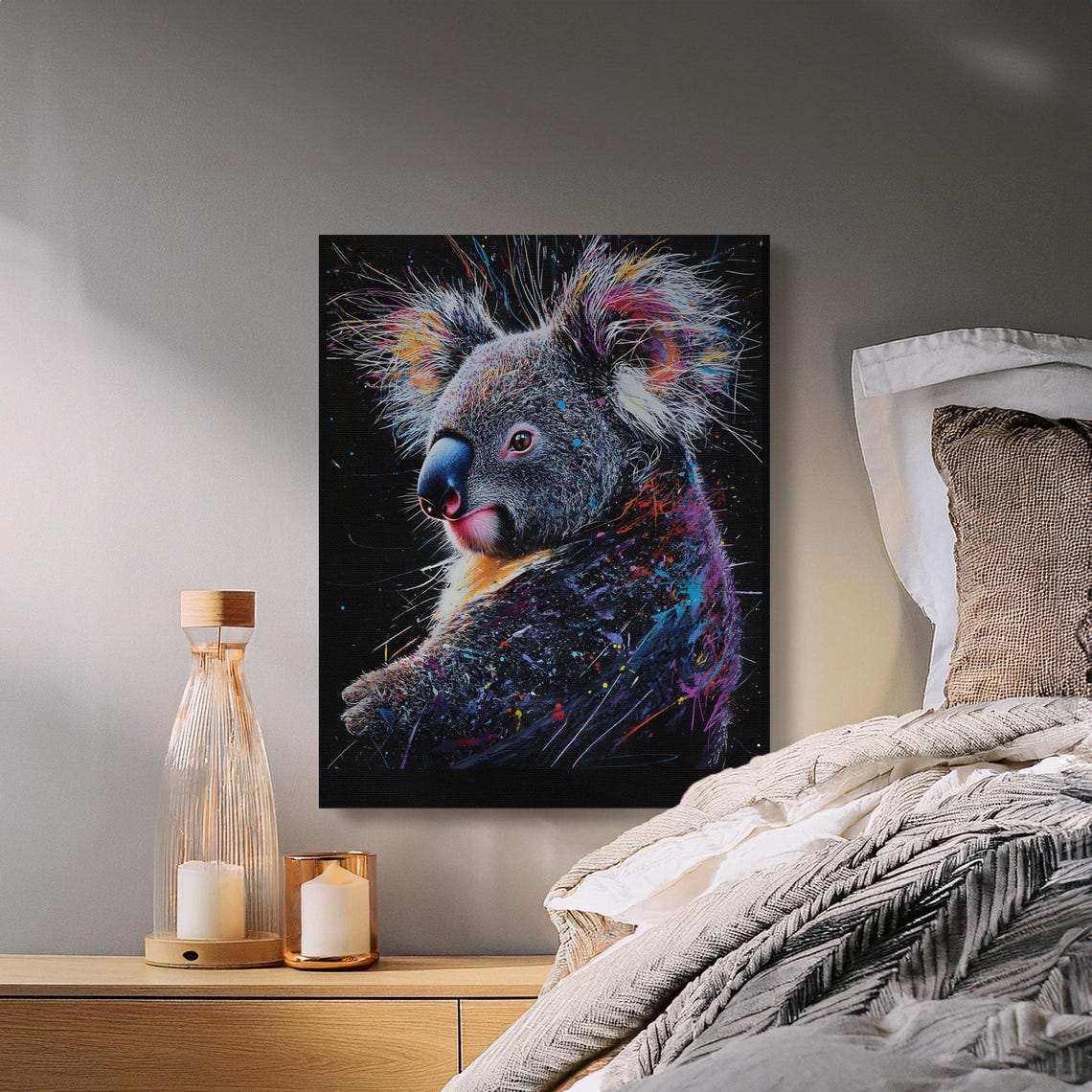 Playful Koala Side Profile Splash Art Black Canvas Animal Wall Art - Image 2