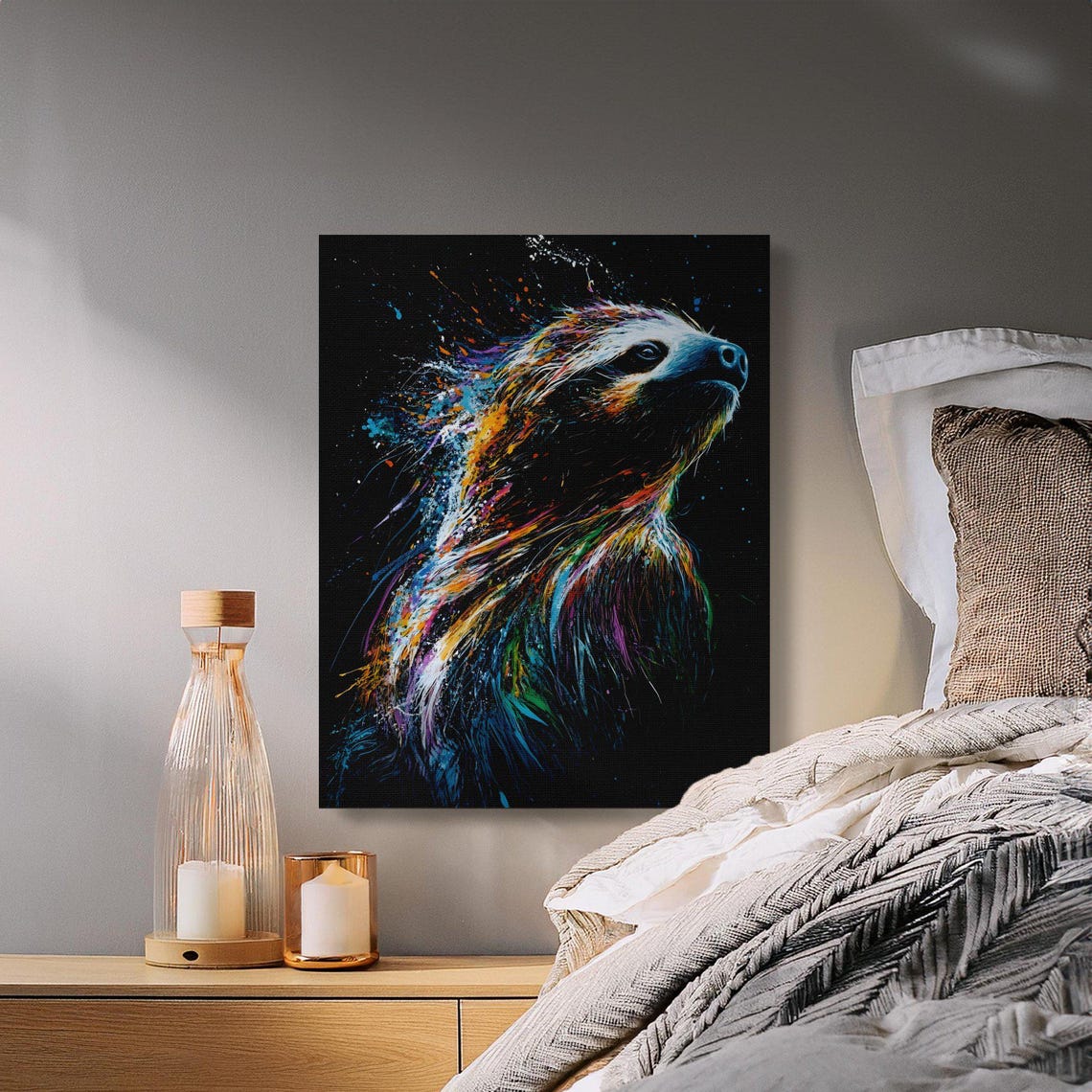 Sloth Profile Gazing Up Colorful Splash Black Canvas Wall Art - Image 2