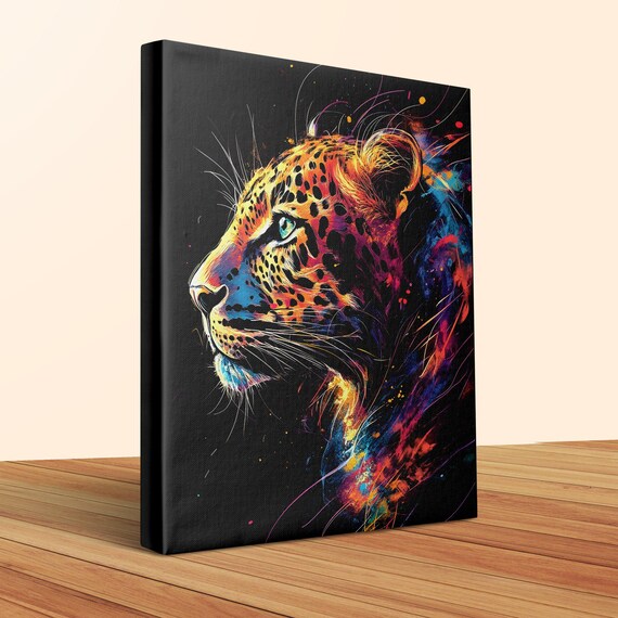 Teal Eyed Leopard Profile Splash Art Black Canvas Wildlife Poster