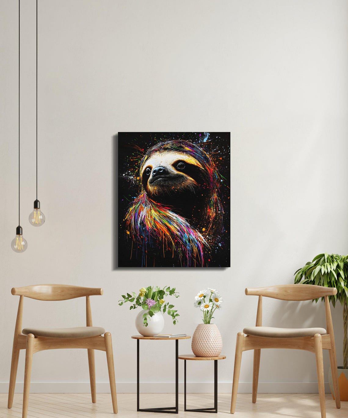 Smiling Sloth Portrait Paint Splash Black Canvas Wildlife Poster - Image 4