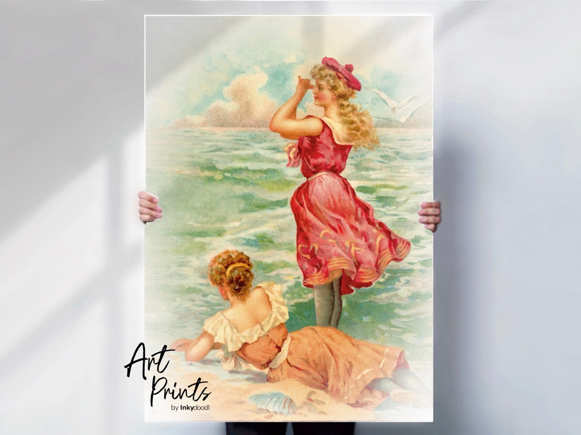Vintage Edwardian Beach Lady Red Dress Sea Breeze Coastal Poster