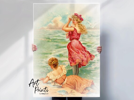 Vintage Edwardian Beach Lady Red Dress Sea Breeze Coastal Poster