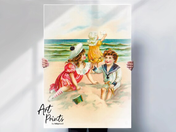 Vintage Edwardian Children Beach Sand Playtime Nostalgic Poster
