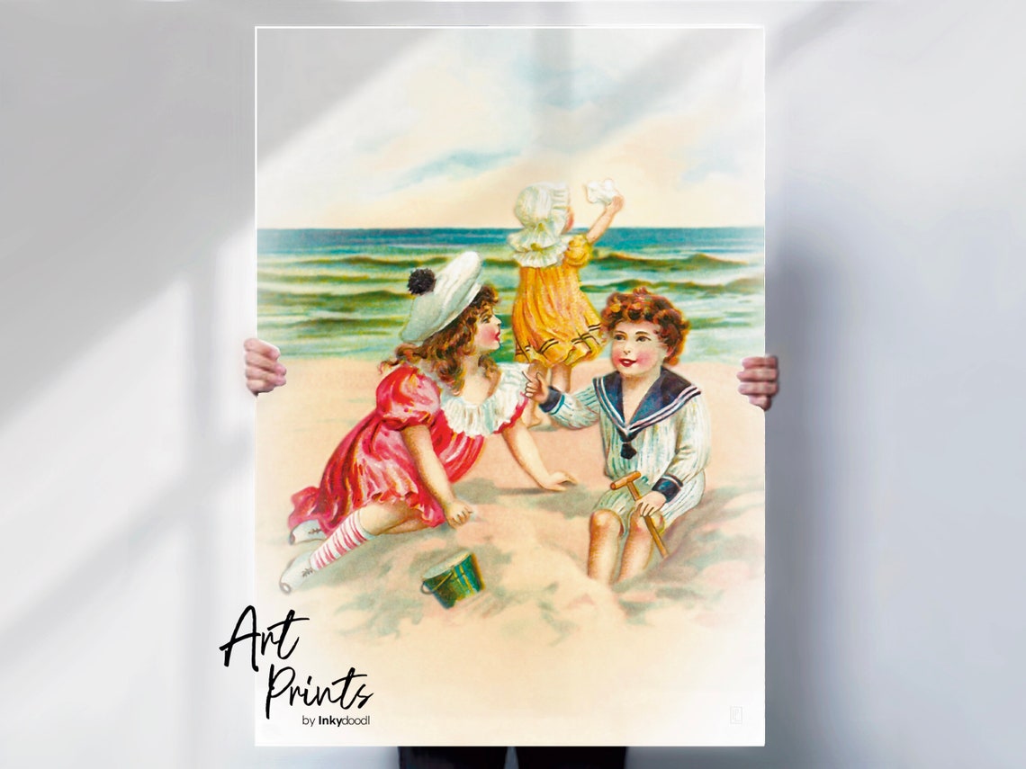 Vintage Edwardian Children Beach Sand Playtime Nostalgic Poster