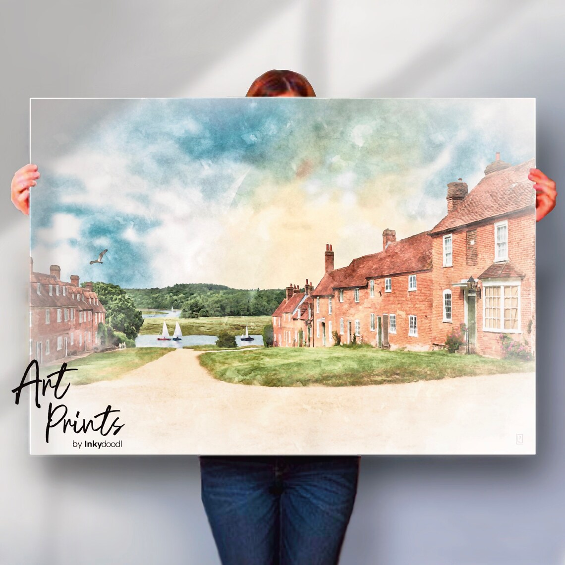 Bucklers Hard Hampshire Brick Cottage Row Harbour Watercolour Poster