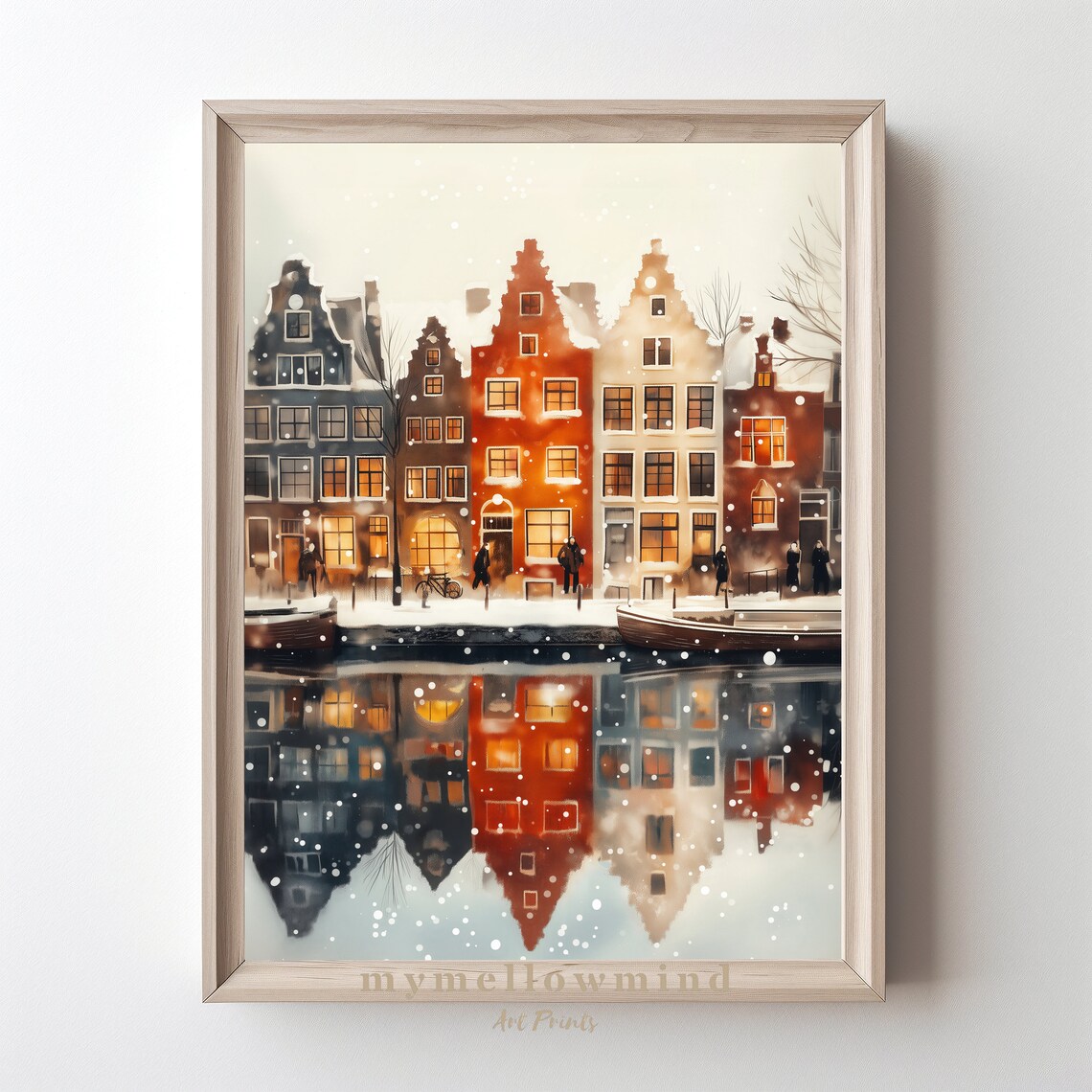 Amsterdam Snowy Canal Houses Glowing At Night Watercolor Poster
