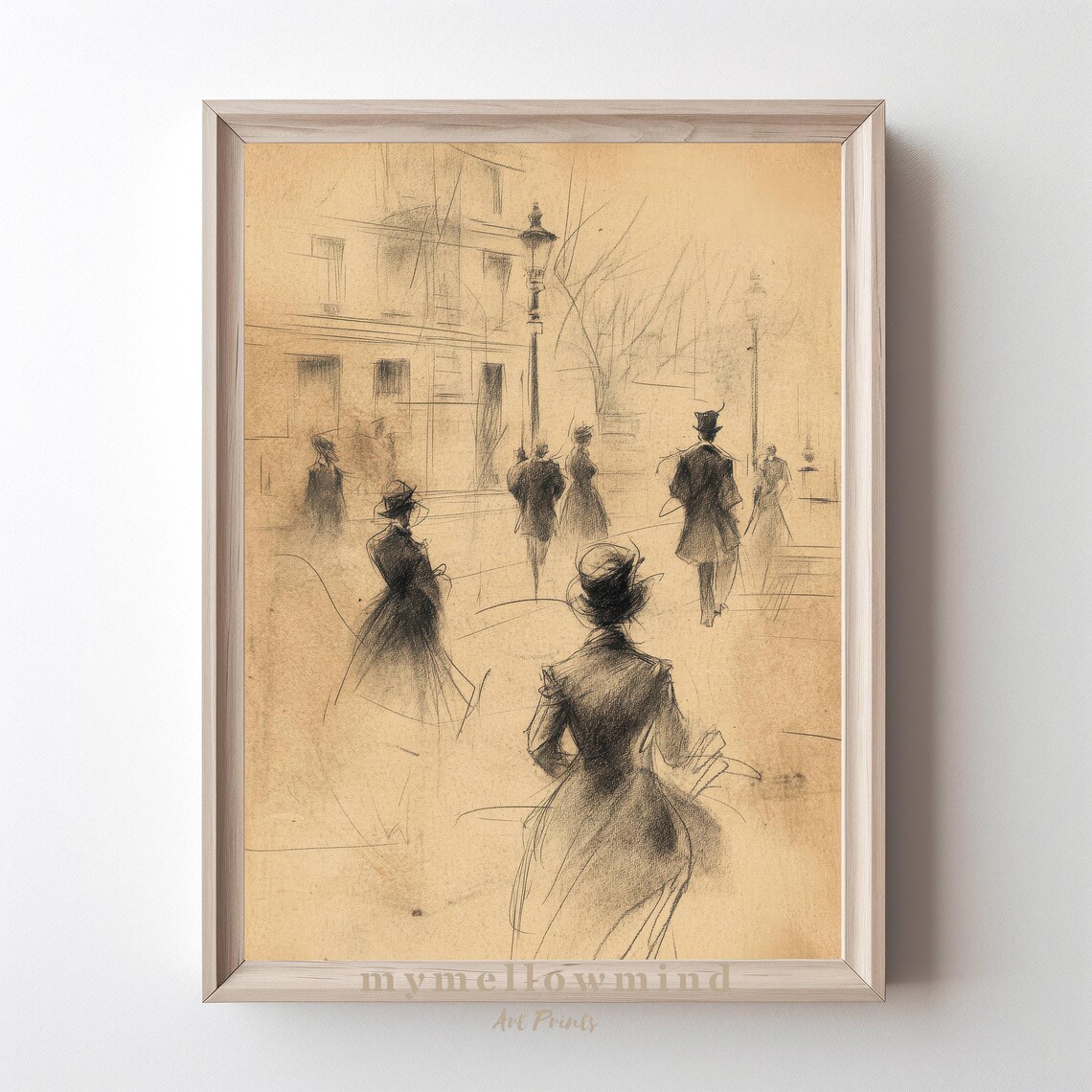 Victorian Era Street Sketch Vintage Charcoal 19th Century Art Poster
