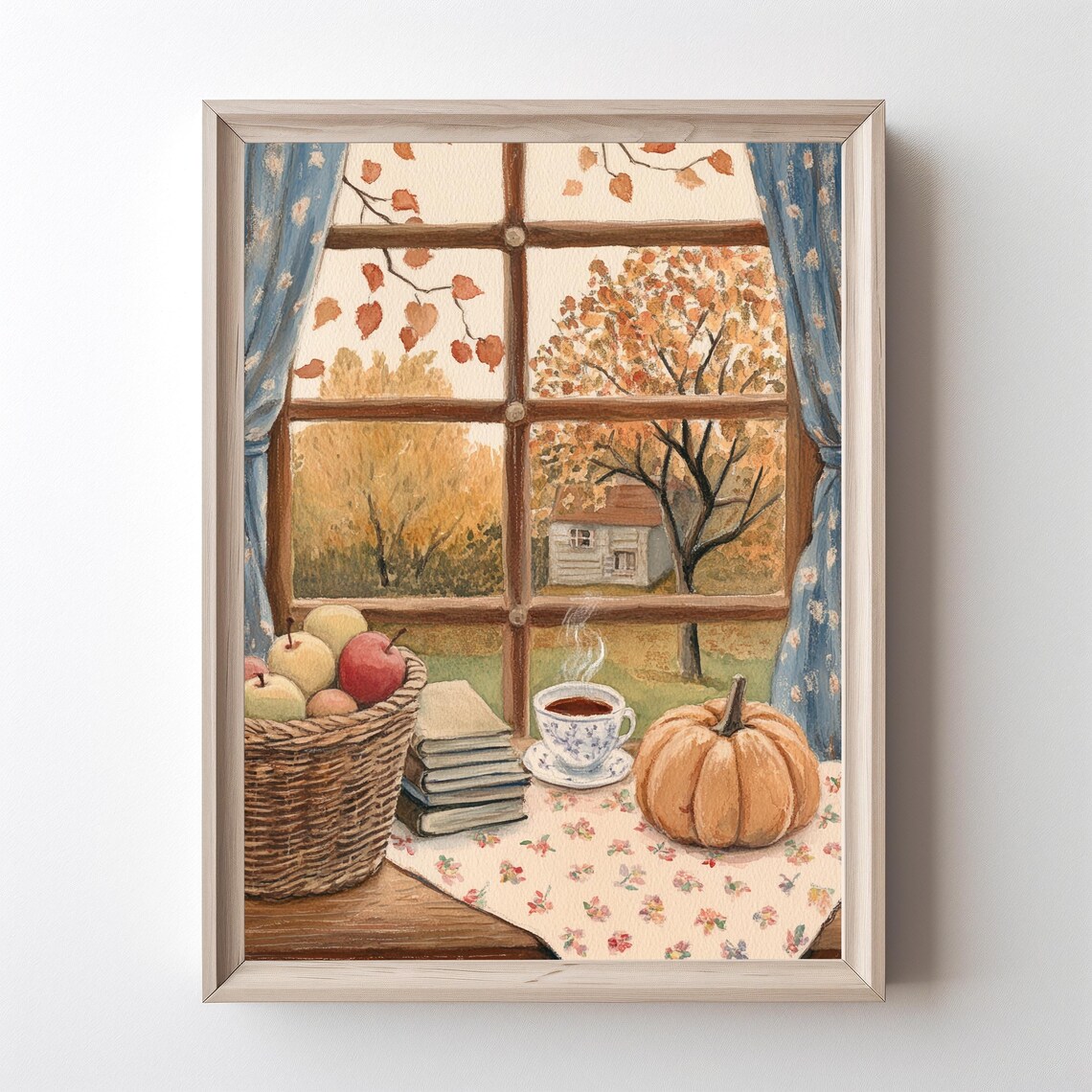 Cozy Autumn Window Art Print, Rustic Pumpkin Farmhouse