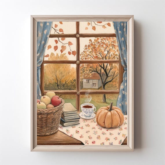 Cozy Autumn Window Art Print, Rustic Pumpkin Farmhouse