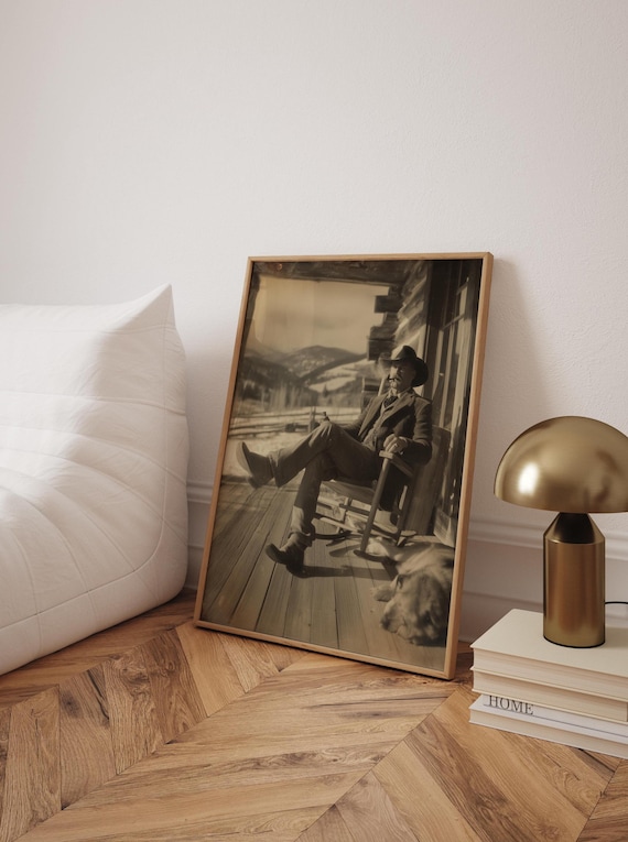 Rustic Cowboy Sepia Portrait Porch Rocking Chair Cabin Western Poster