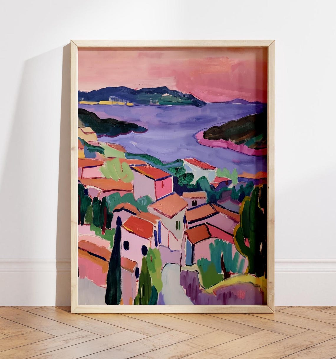 Matisse Style Coastal Village Sunset Over Pink Harbor Art Poster