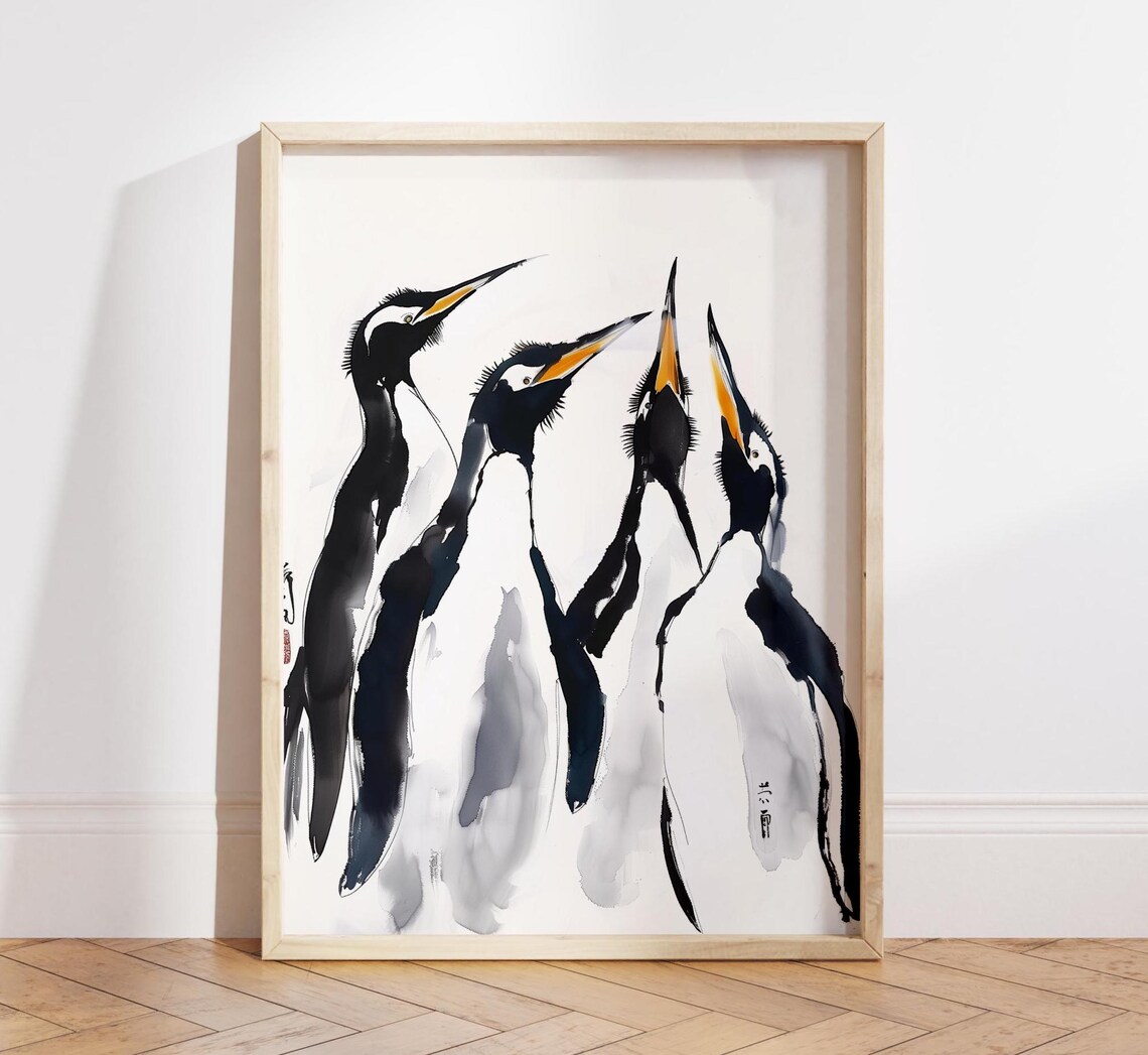 Four Penguins Japanese Ink Wash Painting Minimalist Bird Art Poster