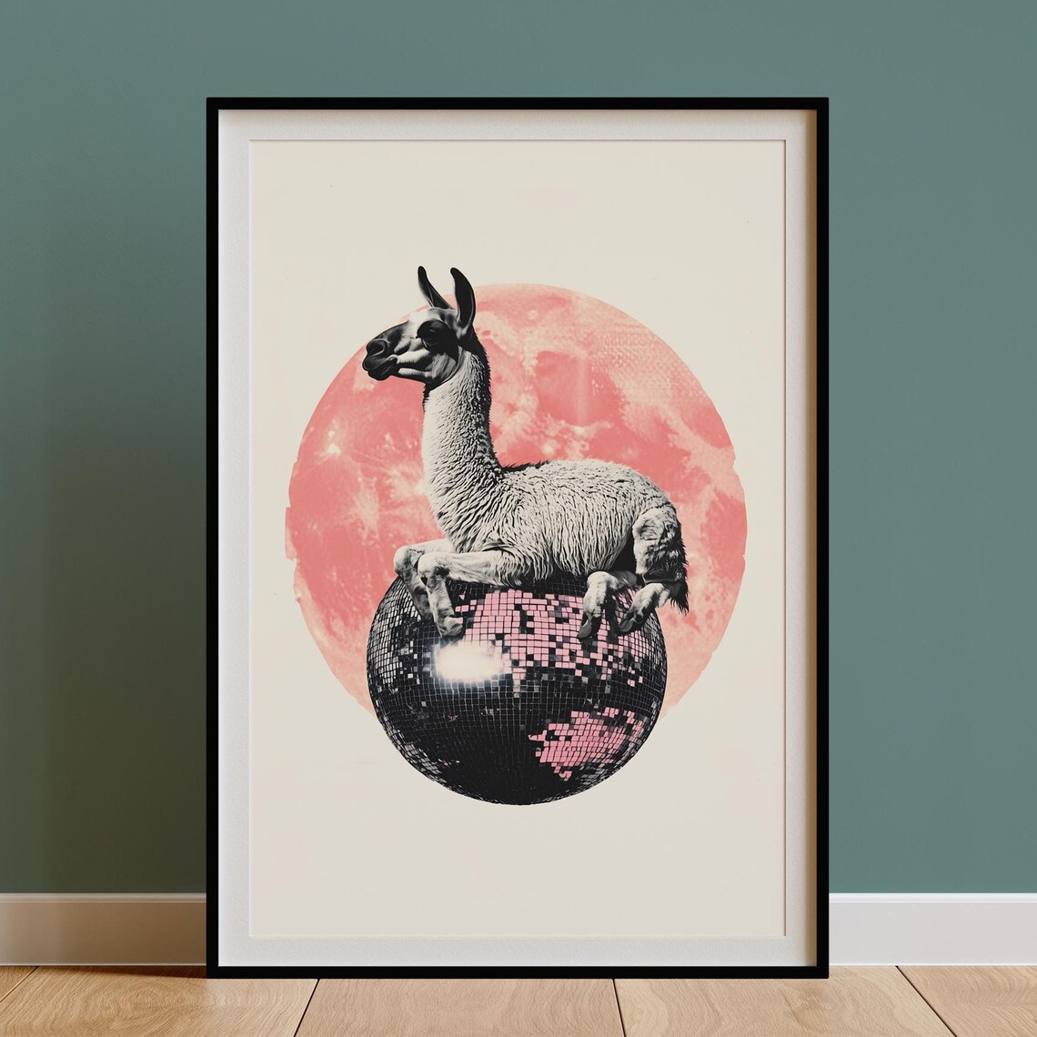 Llama Sitting On Disco Ball Pink Moon Collage Poster Cosmic Animal