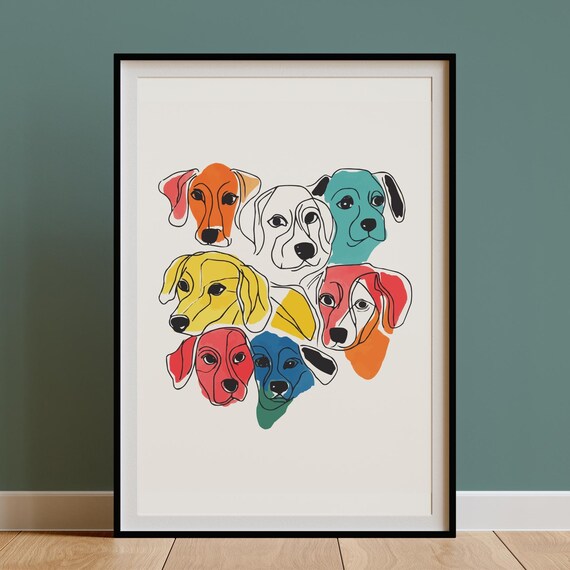 Seven Colorful Puppy Faces Cluster Line Drawing Poster Pack Decor